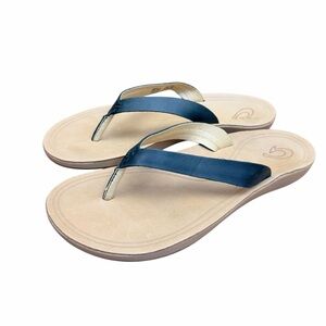 OluKai Women’s 11 Dark Java Leather Nonohe Slip-On Sandals Stylish Flip Flops